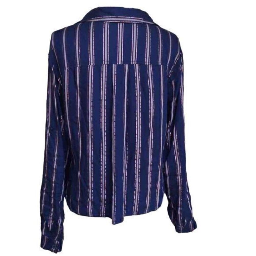 Bella Dahl Shimmer Stripe Tie Waist Open Collar Button Up Blouse Sz L - Picture 3 of 15